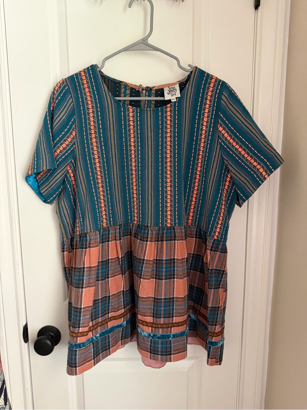 IVY JANE Blue Orange Plaid Stripe Tiered Top Blouse Size XL